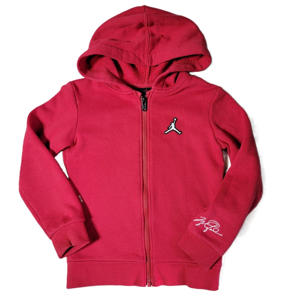 Kids Size 4 Jordan Zip Up Hoodie Red Jumpman Logo Signature Sleeve Fleece‎ Lined